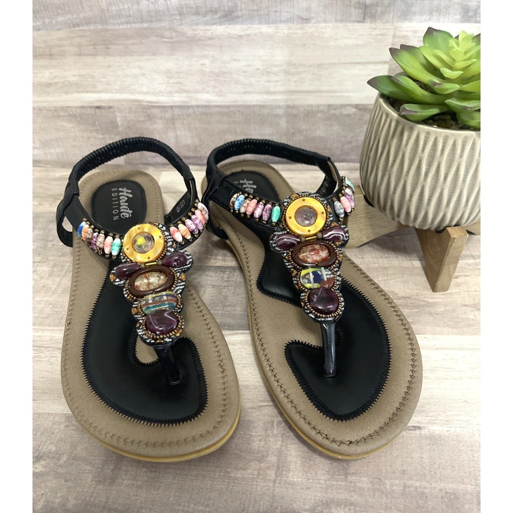 Haute Edition Sandals Women's bohemian faux multi stones tan black color Size 10